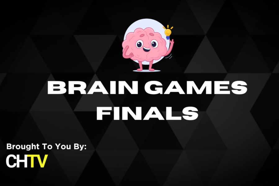 A clip art image of a standing on top of the text, Brain Games Finals