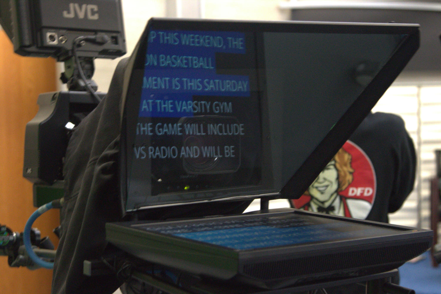 A camera with the teleprompter for a CHTV newscast