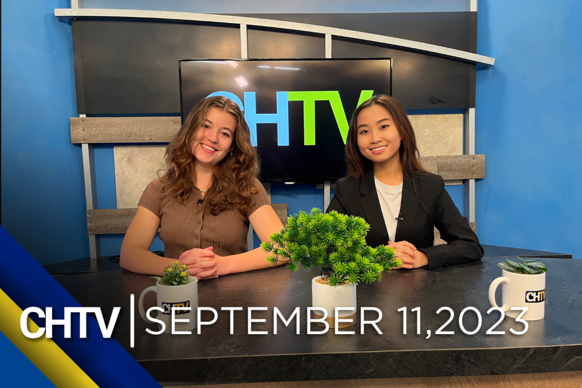 Gigi and Rebecca sitting at the news desk with the text, CHTV: September 11, 2023 in front of them