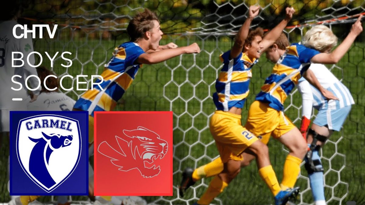 Soccer boys running. The CHTV logo with the text Boys soccer under it. Under that is the Carmel logo next to the Fishers logo