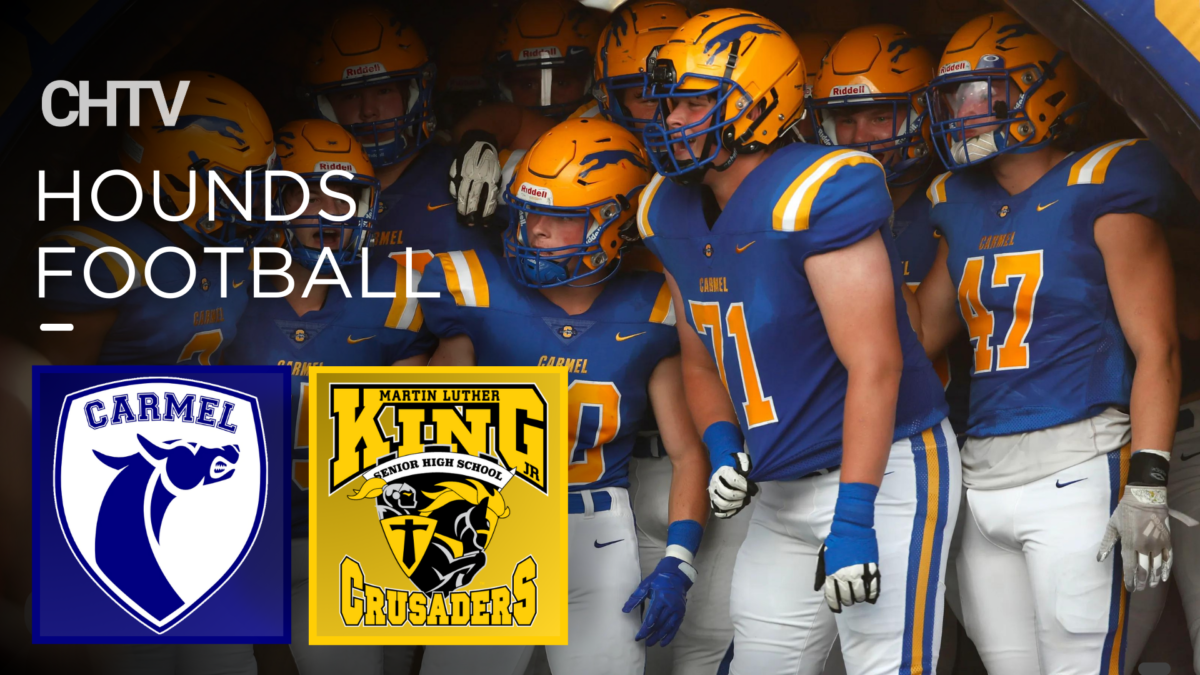 Football players are coming onto the field. In the top left of the screen is the CHTV logo. Under the logo is the text, Hounds Football. Under the text is the Carmel logo and the Detroit Kings logo