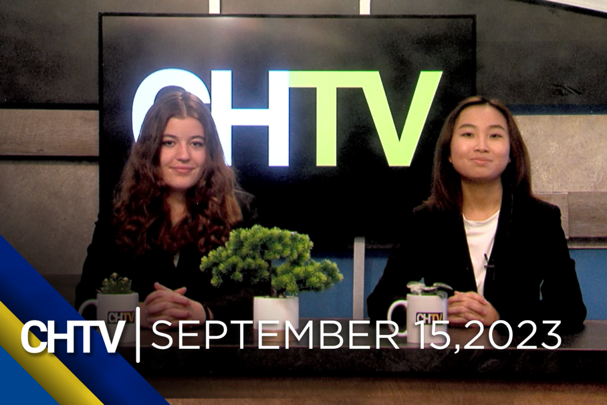 Gigi and Rebecca sitting at the news desk with the text, CHTV: September 15, 2023 in front of them