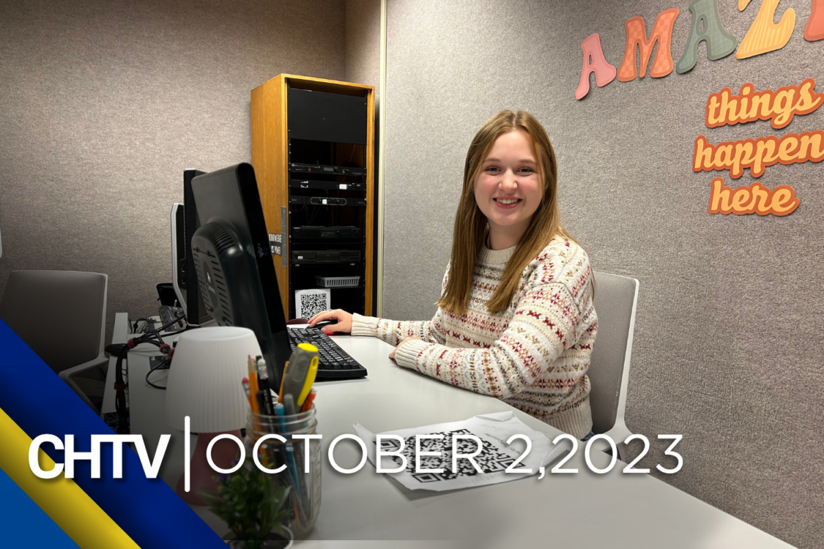Selah sitting at the teleprompter computer with the text, CHTV: October 2, 2023 in front of her
