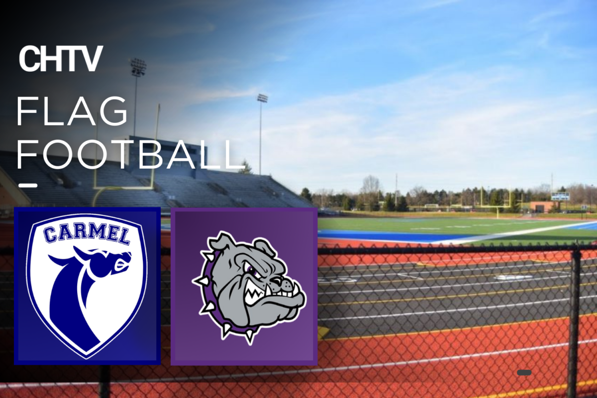 The Carmel High School football stadium. In the top left of the screen is the CHTV logo. Under the logo is the text, Flag Football. Under the text is the Carmel logo and the Brownsburg logo