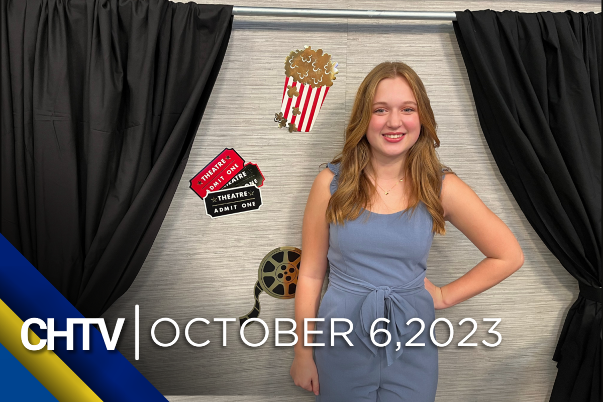 Selah standing at the newly remodeled entertainment set, with the text CHTV: October 6, 2023 in front of her