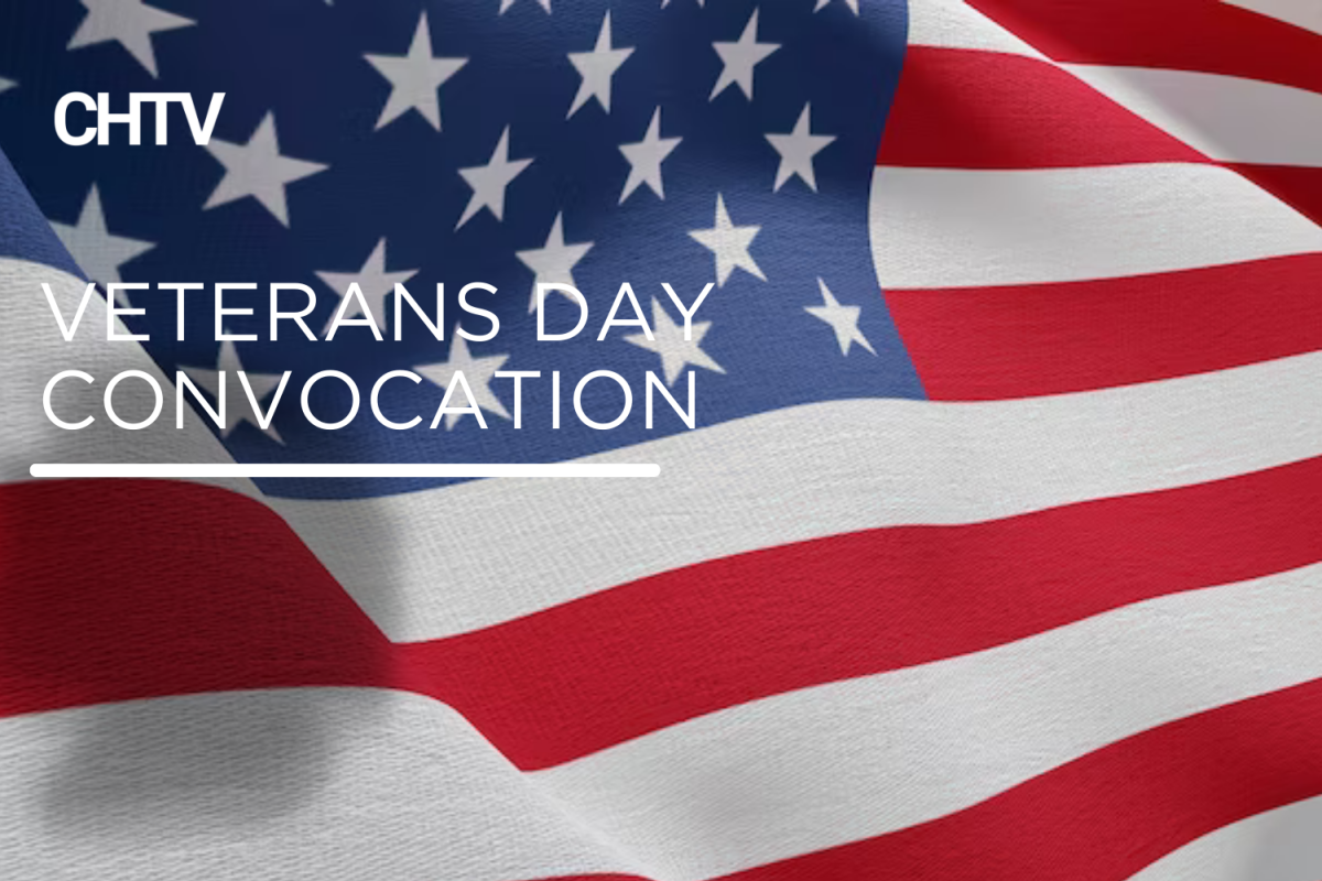 An American flag. In the top left of the screen is the CHTV logo. Under the logo is the text, Veterans Day Convocation