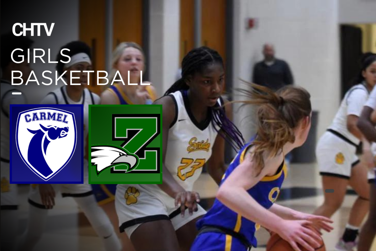 Girls playing basketball. In the top left corner is the CHTV logo. Under the logo is the text, Girls Basketball. Under that text is the Carmel logo to the left of the Zionsville logo