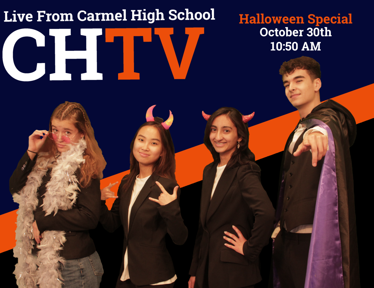 Gigi, Rebecca, Aarini, and Cole dressed up in Halloween costumes for a CHTV Halloween poster
