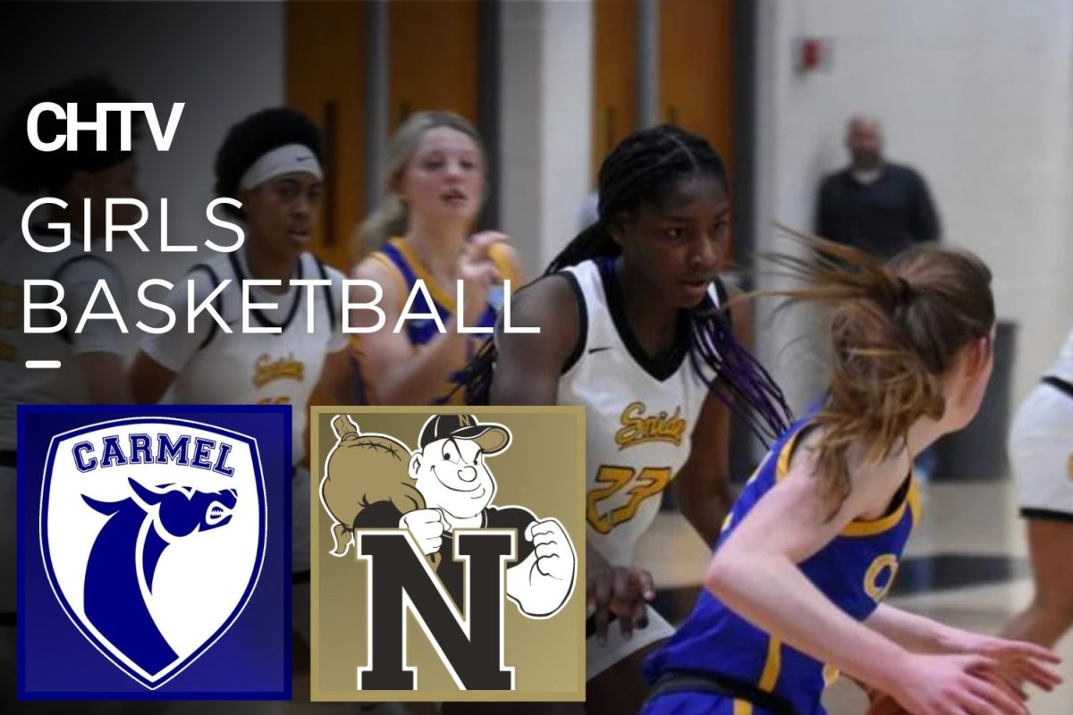 Girls playing basketball. In the top left corner is the CHTV logo. Under the logo is the text, Girls Basketball. Under that text is the Carmel logo to the left of that is the Noblesville logo
