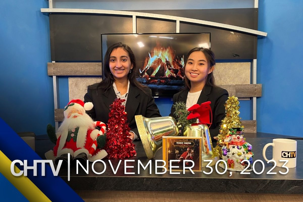 Aarini and Rebecca sitting at the news desk with the text, CHTV: November 30, 2023 in front of them