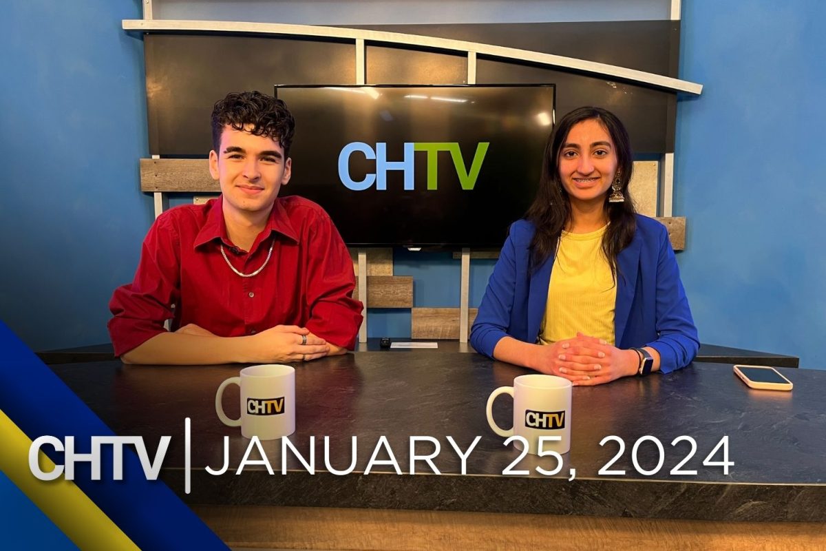 Cole and Aarini sitting at the news desk with the text, CHTV: January 25, 2024 in front of them