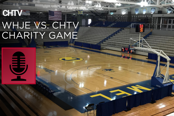 The Eric Clark Activity Center. The CHTV logo is in the top left corner. Under the logo, is the text, WHJE vs. CHTV Charity Game. Under the text, is an image of a microphone