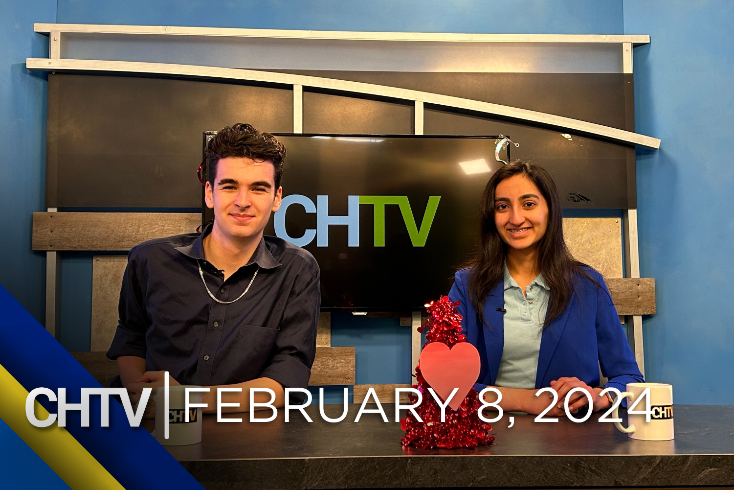 Cole and Aarini sitting at the news desk with the text, CHTV: February 8, 2024 in front of them