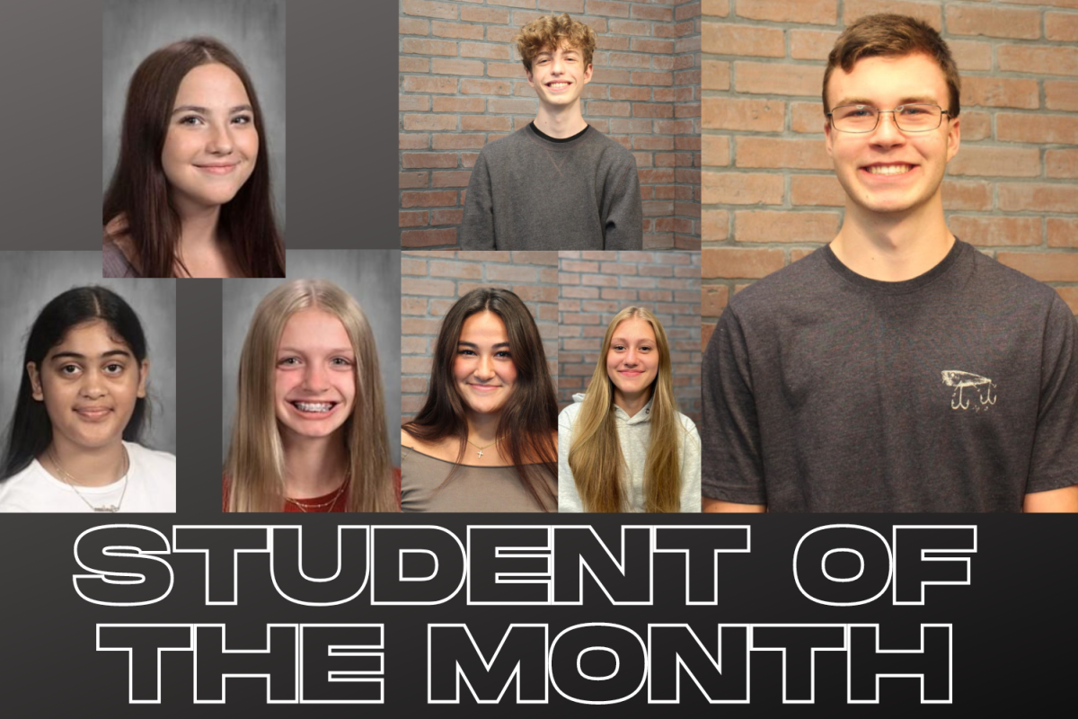 Headshots of Ella, Gurleen, Ashlyn, Jacob, Lauren, Sophie, and Braelen. With the text Student of the Month