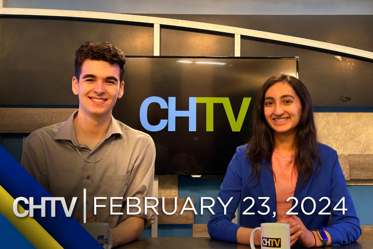 Cole and Aarini sitting at the news desk with the text, CHTV: February 23, 2024 in front of them