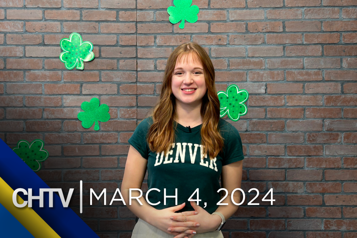 Selah standing at the St. Patricks Day themed sports set, with the text CHTV: March 4, 2024 in front of her