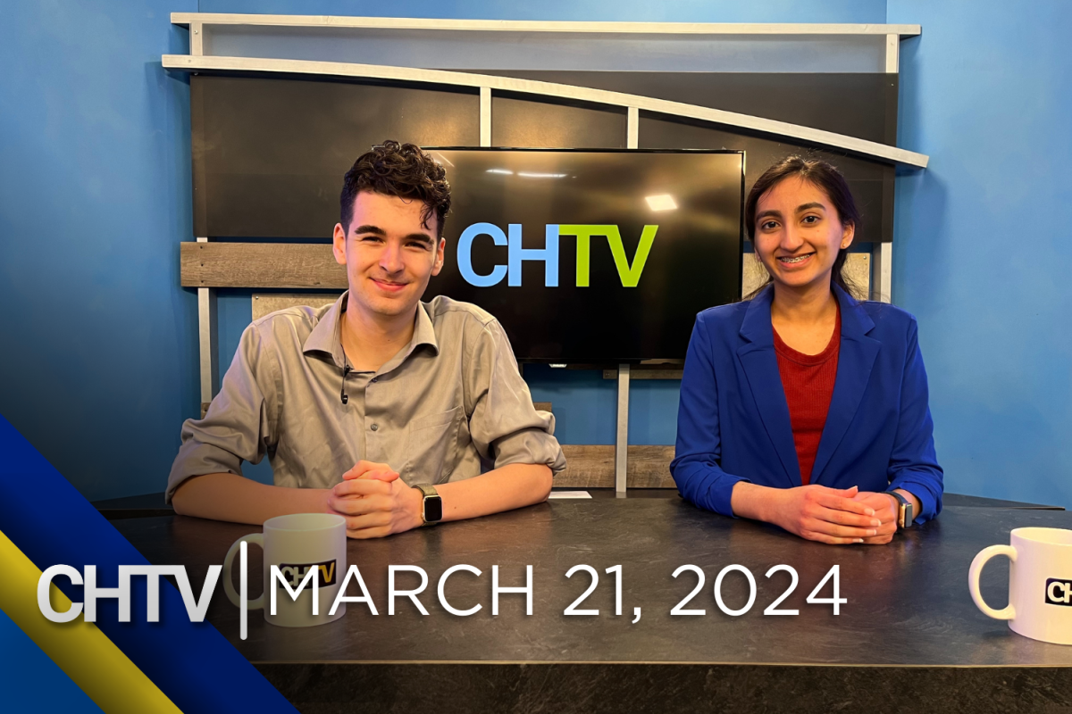 Cole and Aarini sitting at the news desk with the text, CHTV: March 21, 2024 in front of them
