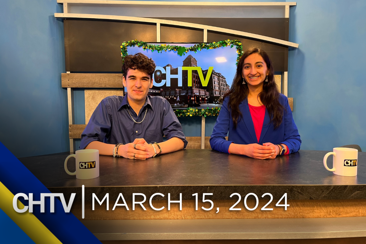 Cole and Aarini sitting at the news desk with the text, CHTV: March 15, 2024 in front of them