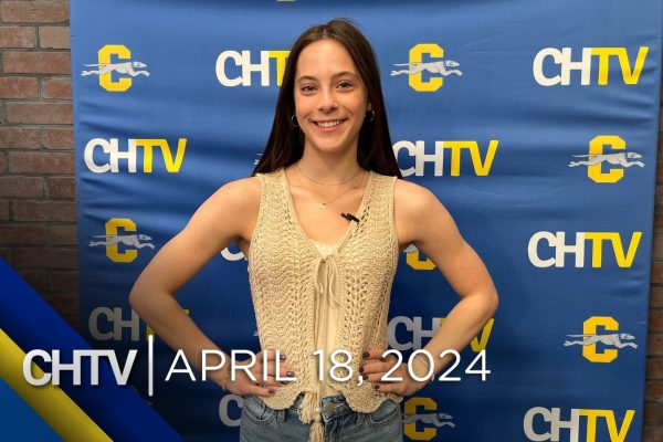 Brenna standing in front of the sports set with the text, CHTV: April 18, 2024 in front of her