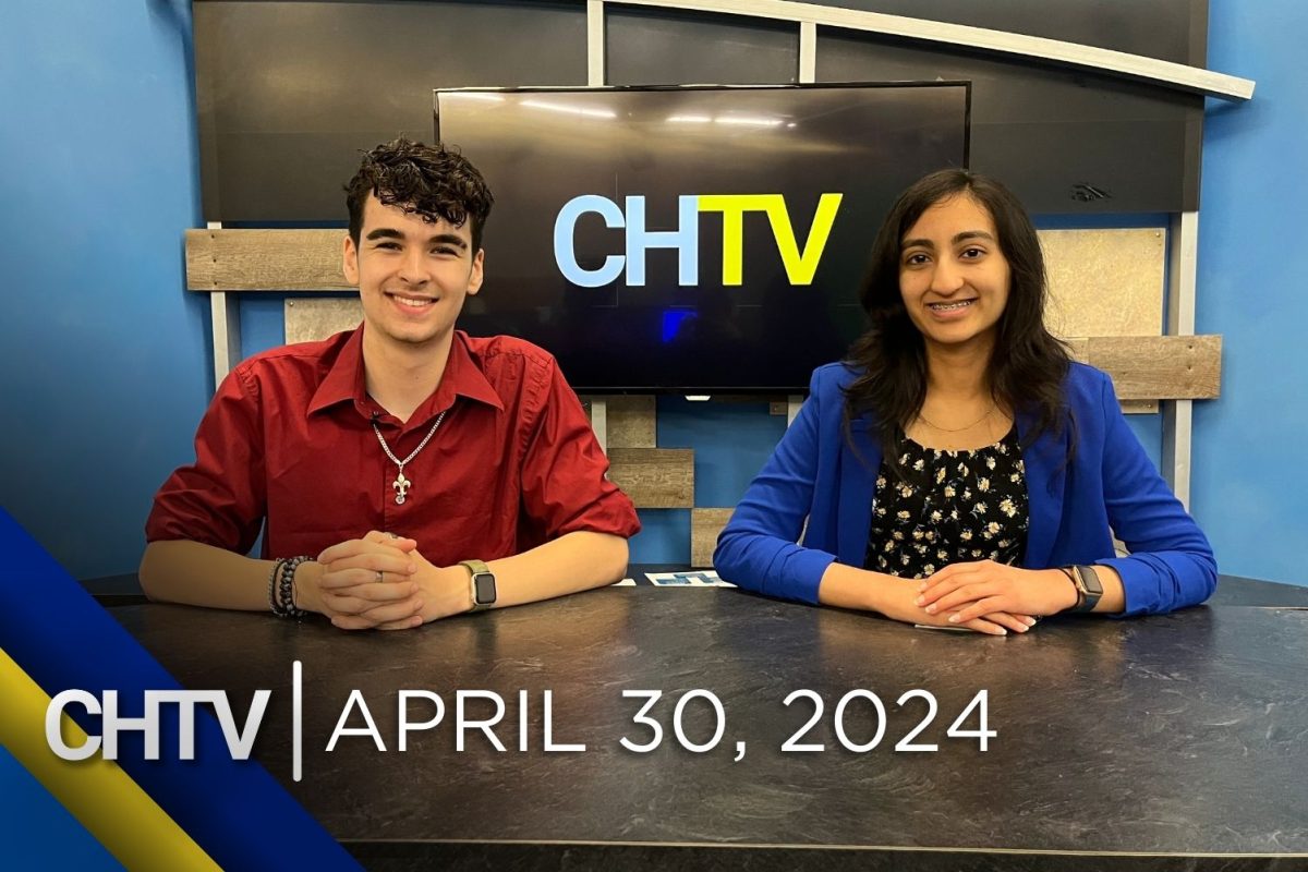 Cole and Aarini sitting at the news desk with the text, CHTV: April 30, 2024 in front of them
