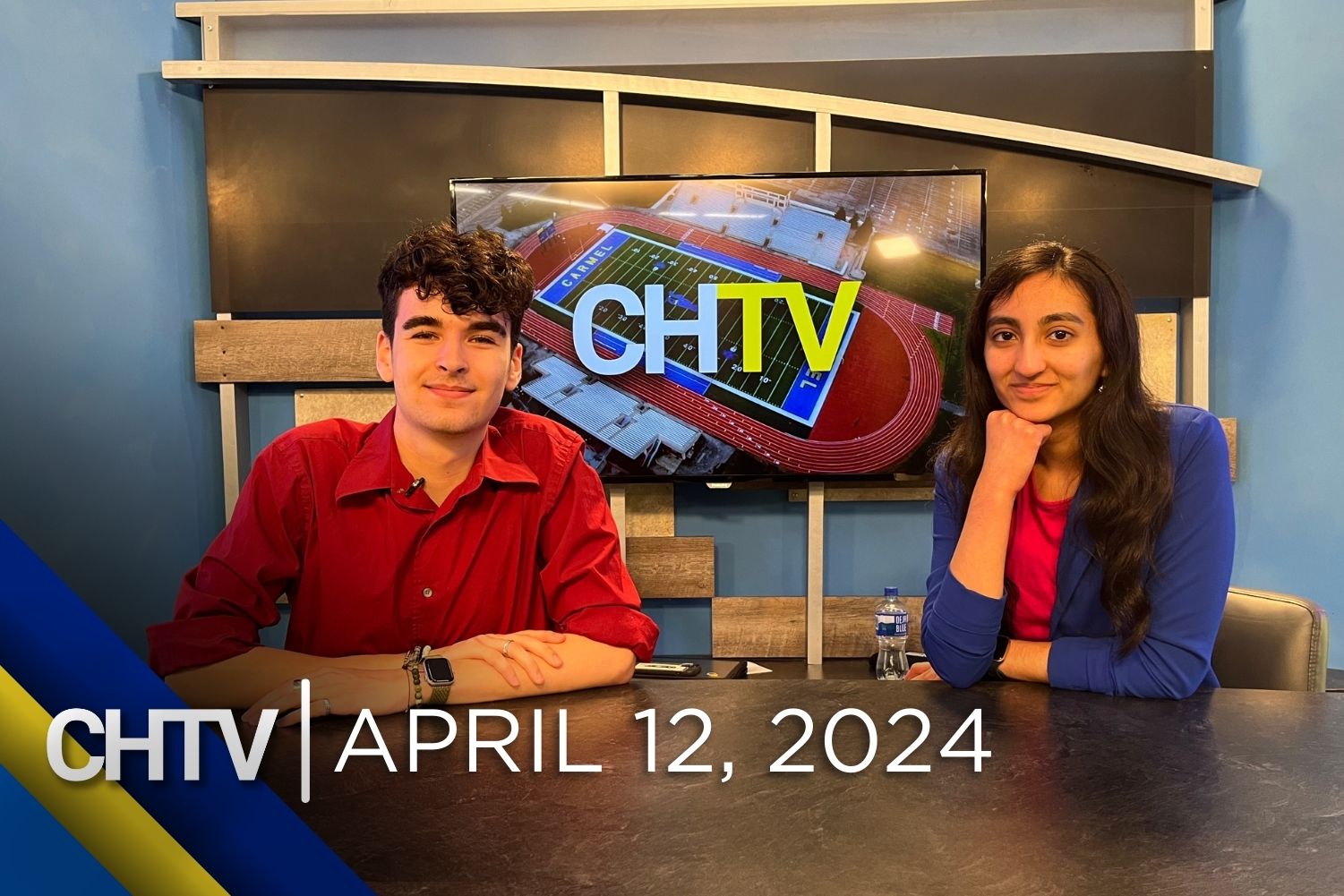 Cole and Aarini sitting at the news desk with the text, CHTV: April 12, 2024 in front of them