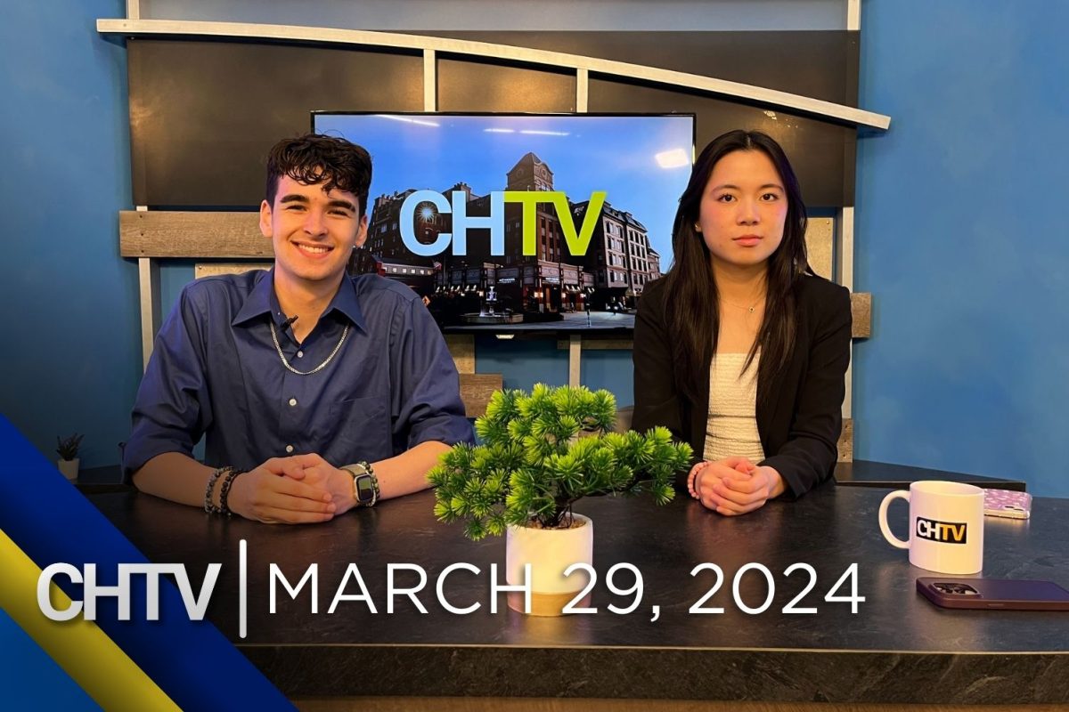 Cole and Ava sitting at the news desk with the text, CHTV: March 29, 2024 in front of them