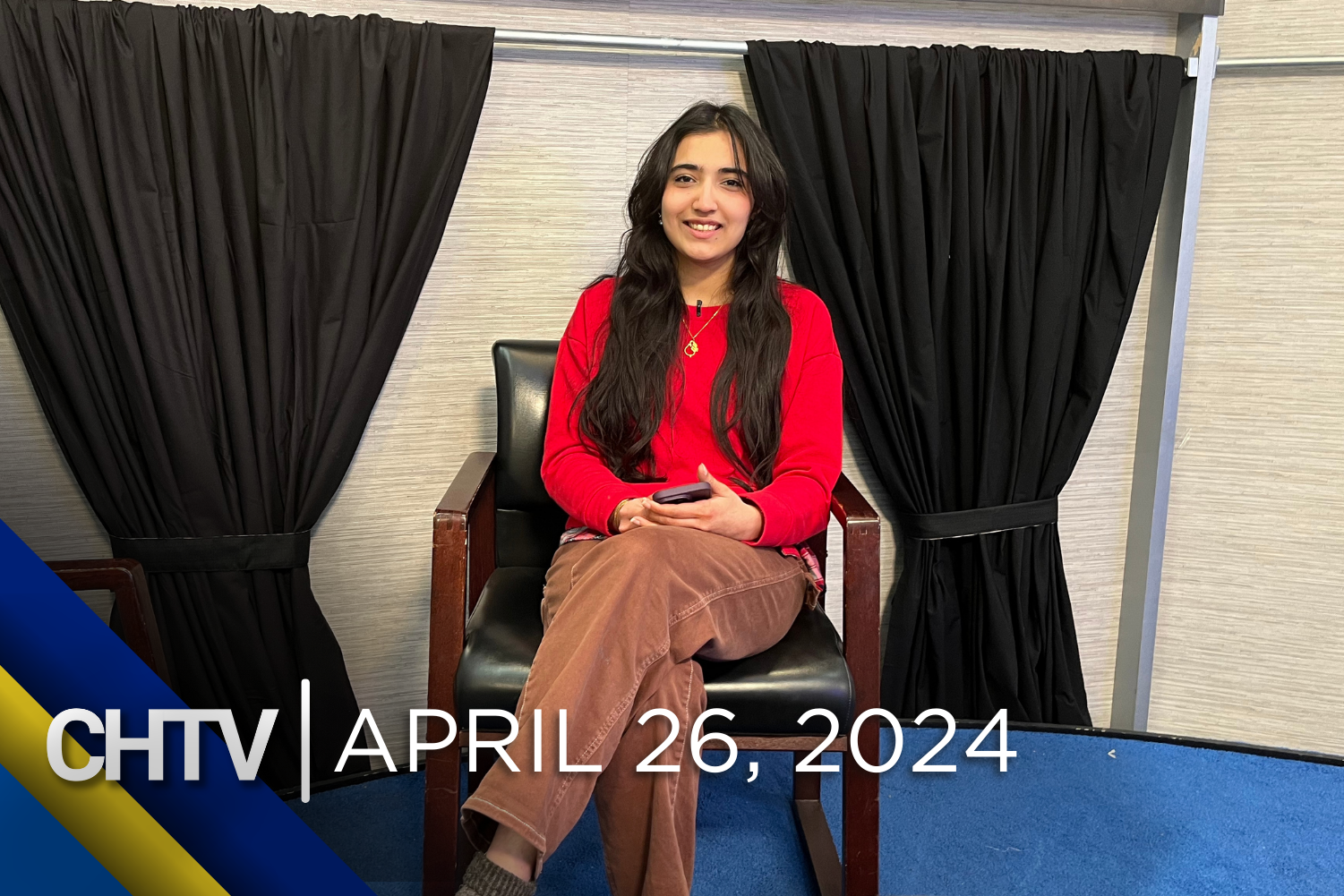 Zaynab sitting at the entertainment set with the text, CHTV: April 26, 2024 in front of her