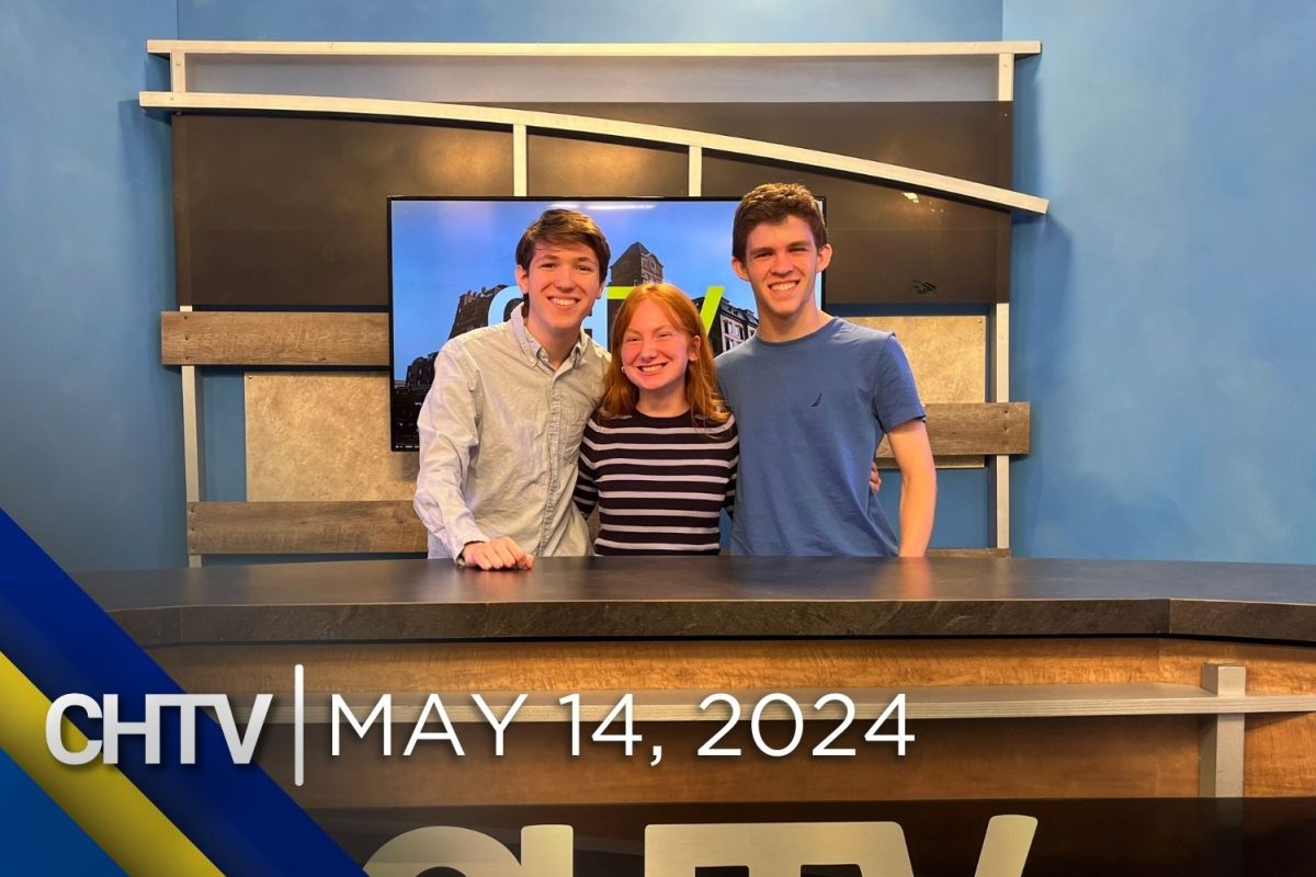 Jack, Maiza, and Michael standing at the news desk with the text, CHTV: May 14, 2024 in front of them
