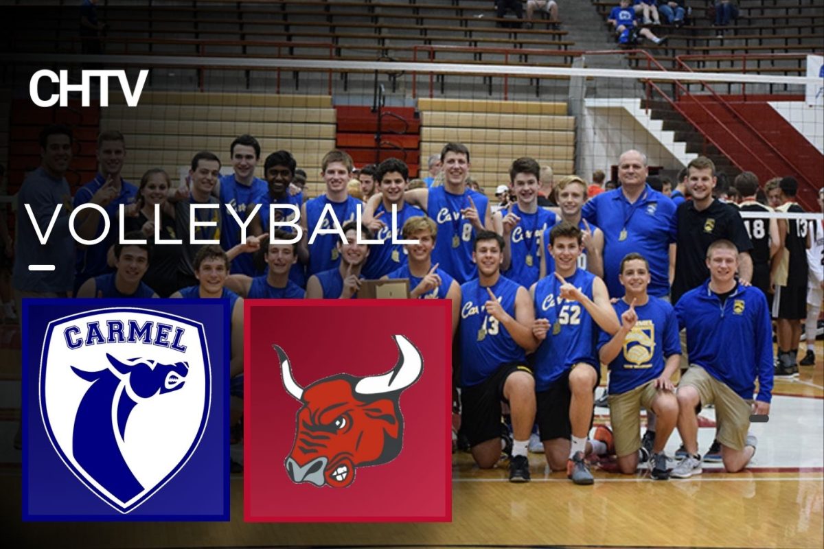 Boys volleyball players. The CHTV logo is in the top left corner. Under the logo, is the text, Volleyball. Under the text, is an image of Carmels logo. To the right of that is the Mccutcheon logo.