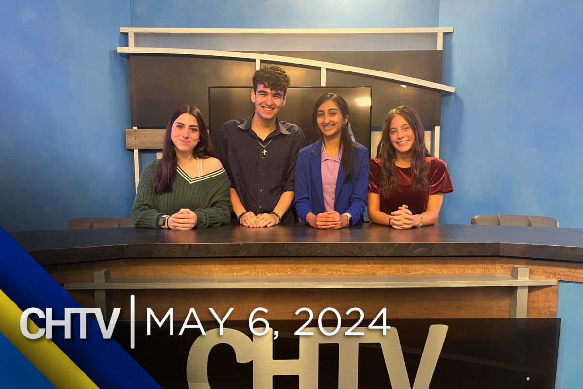 Coral, Cole, Aarini, and Brenna standing at the news desk with the text, CHTV: May 6, 2024 in front of them