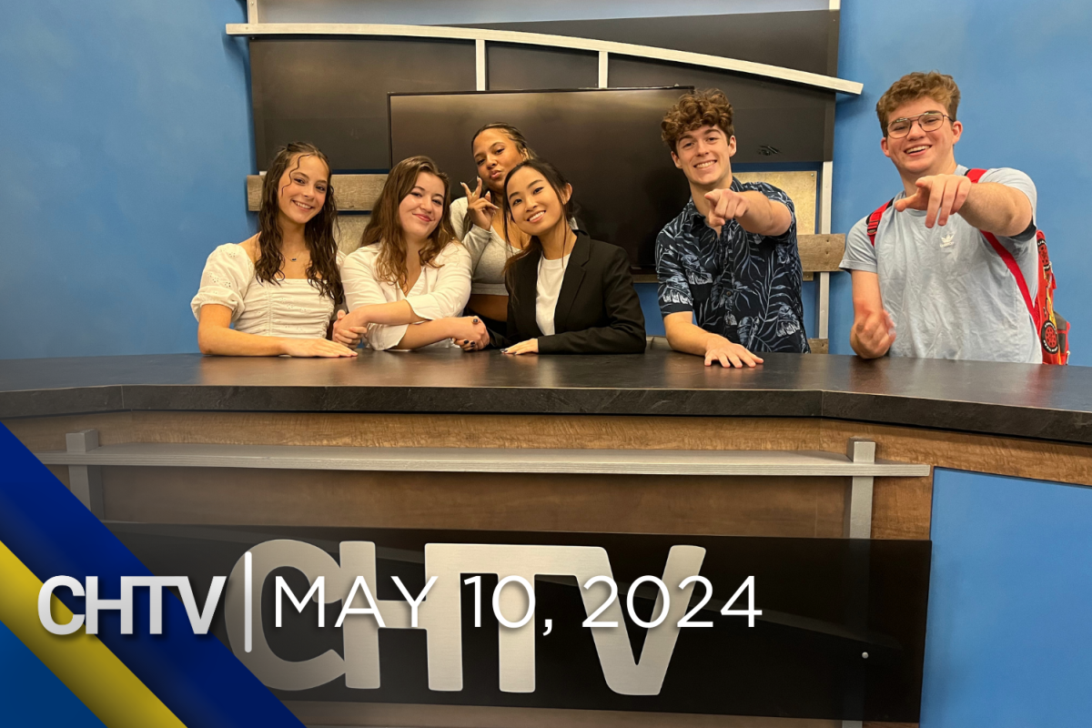 Brenna, Gigi, Charlie, Rebecca, Caden, and KC standing at the news desk with the text, CHTV: May 10, 2024 in front of them