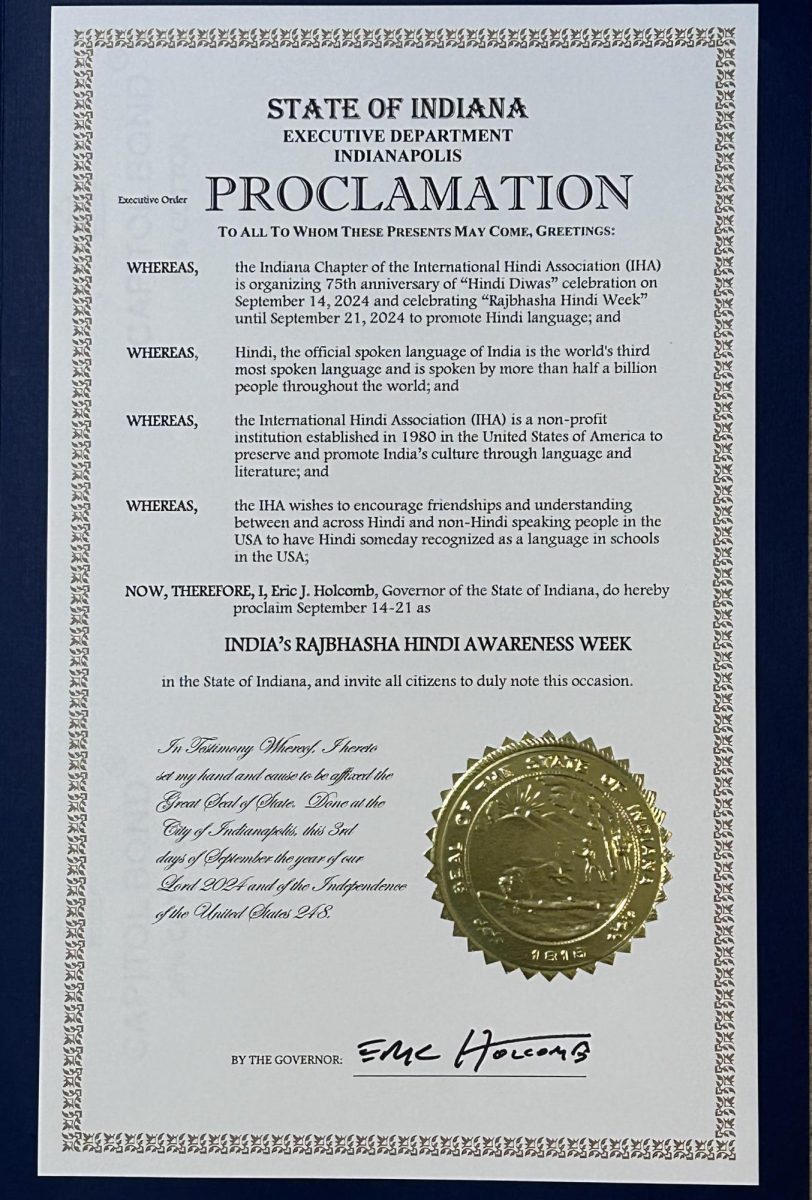 Proclamation Document from the Governor of Indiana proclaiming India's Rajbhasha Hindi Awareness Week September 14-21, 2024