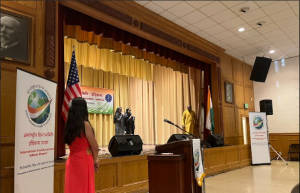 Photo of International Hindi Association of Indiana Hindi Diwas Event with two girls on stage singing.