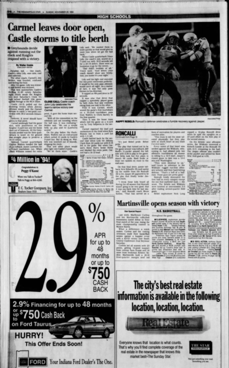 A newspaper from 1994 detailing the Carmel Greyhounds win.