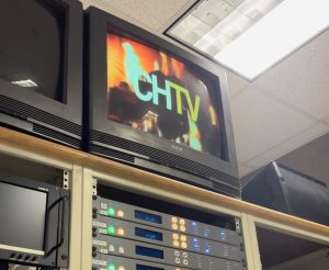 Old CHTV control room equipment, including CHTV logo displayed on a CRT tv.